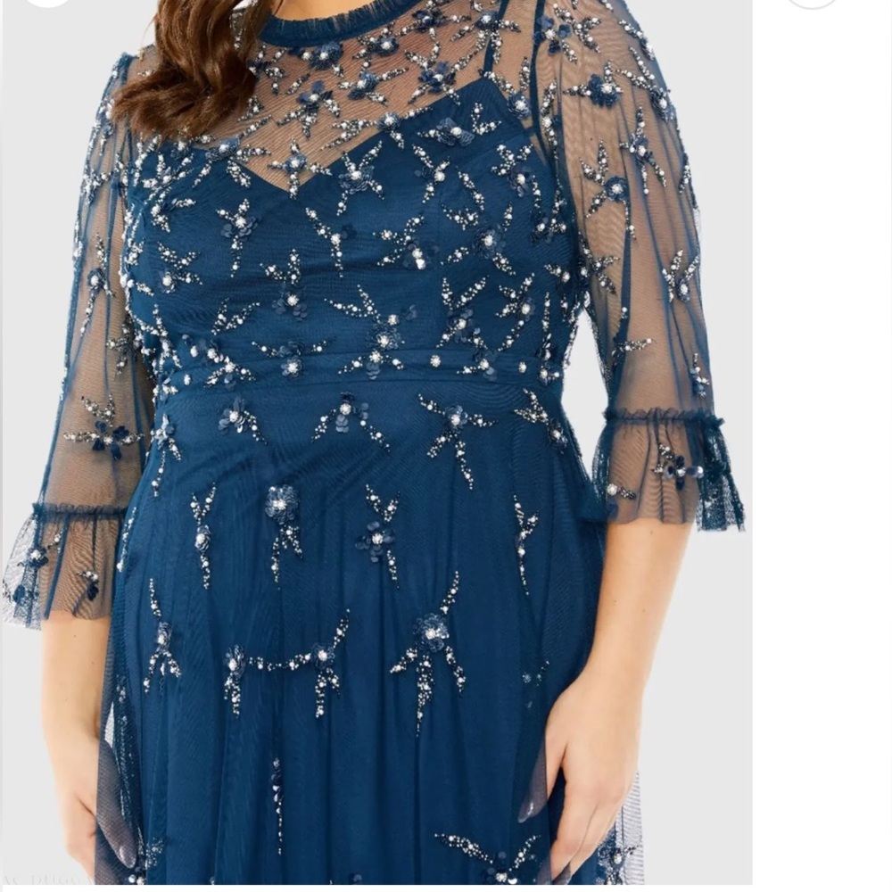 MAC DUGGAL 18W; Navy High Neck Embellished Flutter Half Length Sleeve Dress